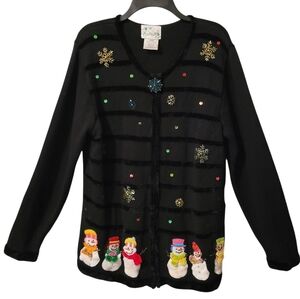 Quacker Factory Vintage Christmas Snowman Snowflakes Sequins Black Sweater Sz L